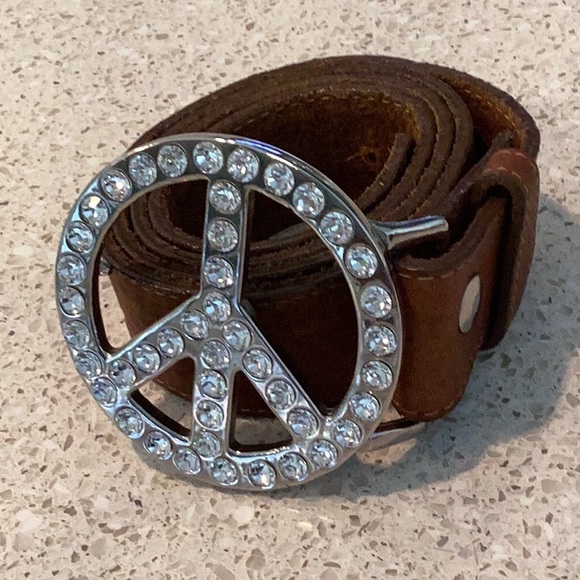 Leatherock Rhinestone Studded Peace Buckle Genuine Leather Statement Belt - Picture 2 of 9